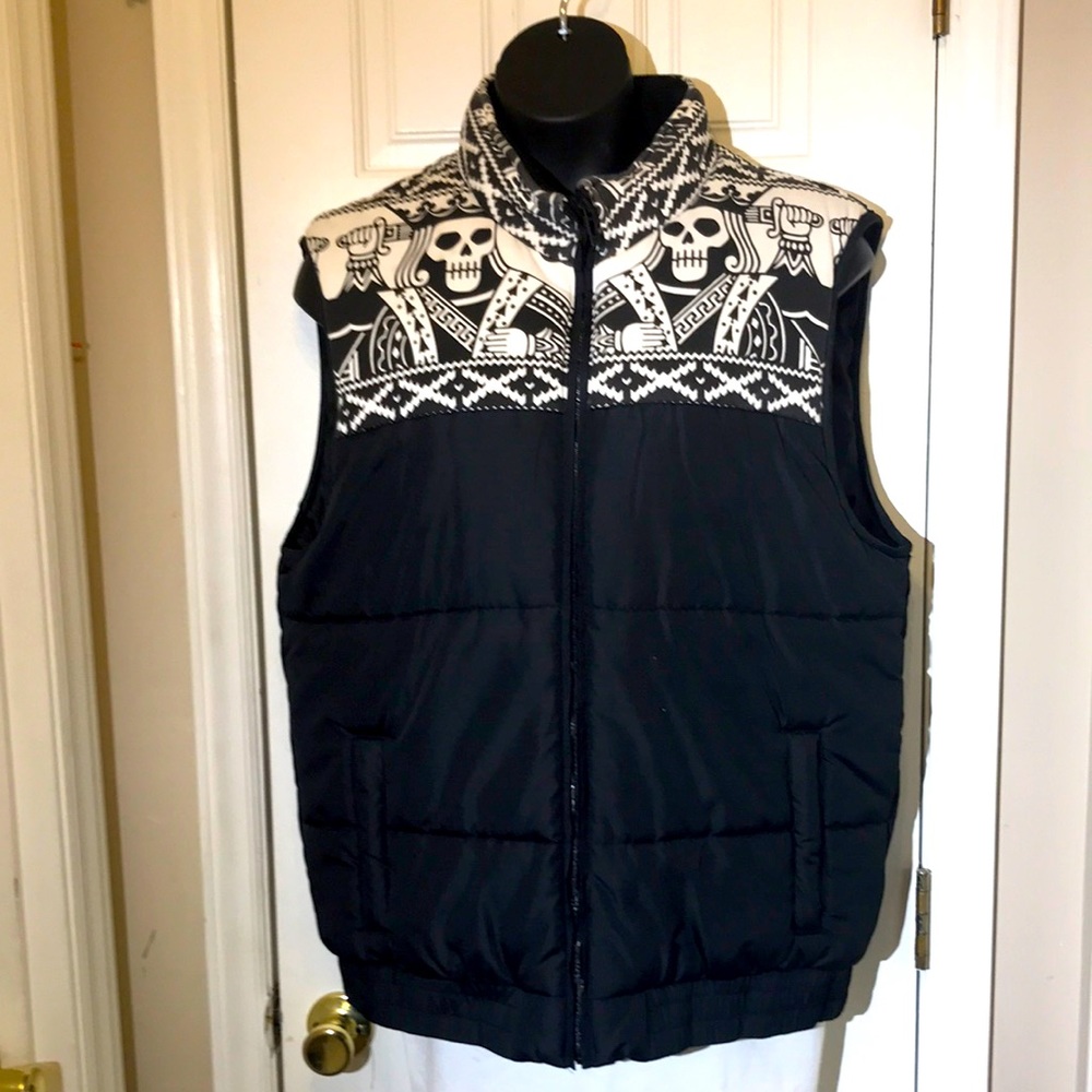 Mens Eckō Unlimited Vintage Black and White Skulls Bubble Puffer Vest